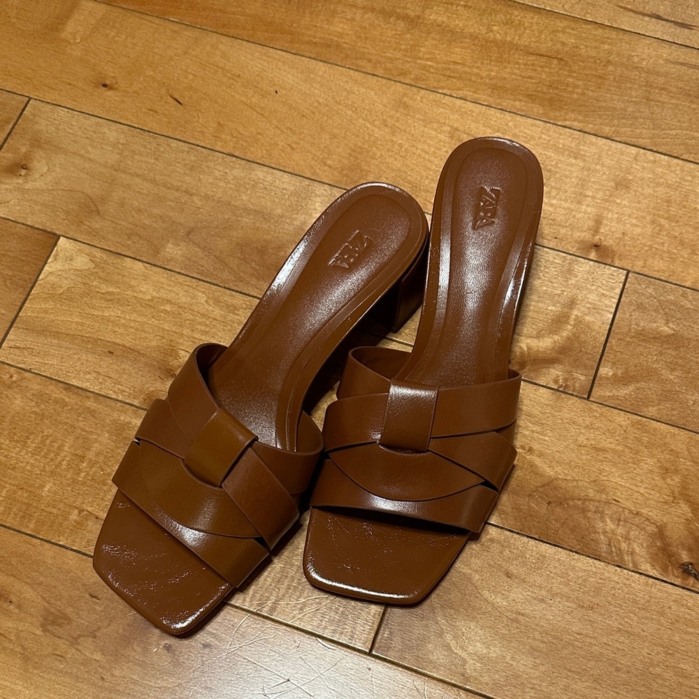Zara Brown Leather Women's Slide Sandals